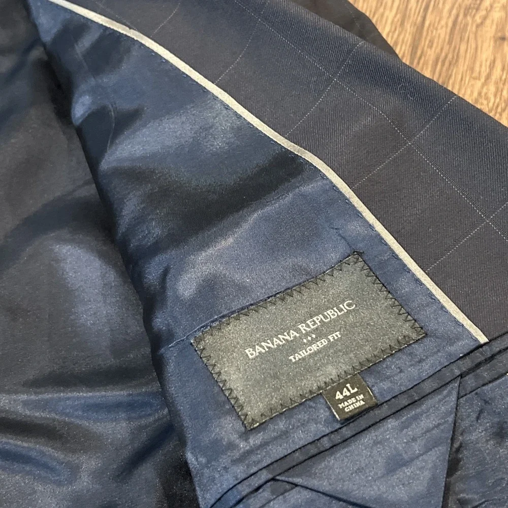 Banana Republic Tailored Fit Windowpane Navy Suit Mens Pants 44L 33X34-Set